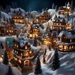 Miniature village in the snow at night. 3d rendering.