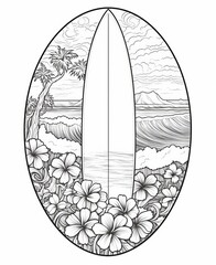 coloring book page white background longboard surf , generated by AI