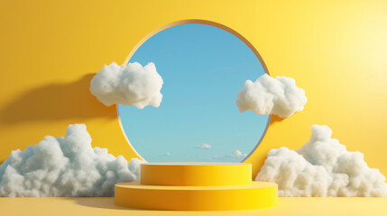 sunny yellow background with white clouds and blue round hole empty podium for product presentation