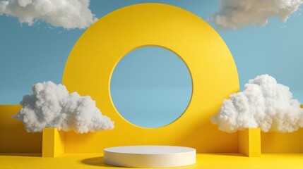 sunny yellow background with white clouds and blue round hole empty podium for product presentation