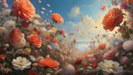 Fototapeta na wymiar Flowers is so beautiful coral reef with fish some cloude is on the sky