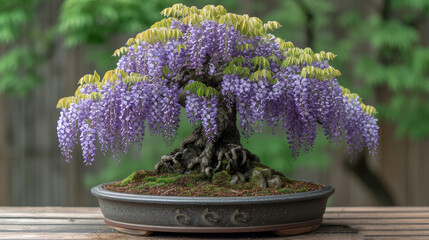 A small wisteria bonsai tree with vibrant purple flowers elegantly placed in a pot, showcasing the art of bonsai cultivation. - Powered by Adobe