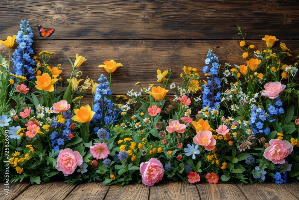 Poster a vibrant assortment of flowers arranged in a bouquet and placed on a table with copy space. colorfu