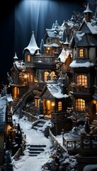Snowy fairy tale town in the night. 3D illustration.