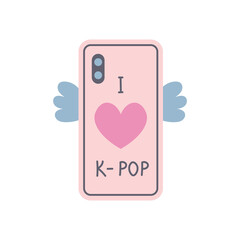 Mobile phone case with i love k-pop text. Cute girlish smartphone decorated with wings and heart. Vector illustration. Popular Korean music fan accessory design
