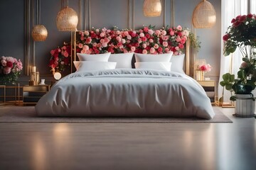 White bed with romantic flowers 