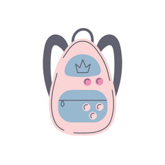 Modern pink backpack vector illustration. Fashionable bag with badges for teenagers. Girlish hand drawn design. Trendy accessory for kids, students, school concept design