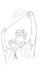 sketch of two male activists voicing enthusiasm, raising their hands and waving a white flag