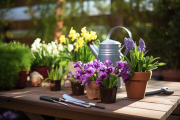 Obraz premium Spring gardening, gardening tools and flowers in the garden
