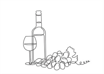 Bottle of wine with wineglass and grape bunch in continuous line art drawing style. Minimalist black linear sketch isolated on white background. Vector illustration