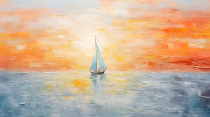 Impressionist seascape painting with boat and sun rays on canvas texture. Colorful abstract modern art for background. - obrazy, fototapety, plakaty