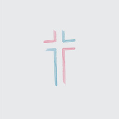 Watercolor line Religion Cross . Blue and red ink. Stock vector illustration isolated on white background.