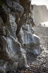 This close-up image captures the enchanting moment where fresh water trickles down a rugged cliff...