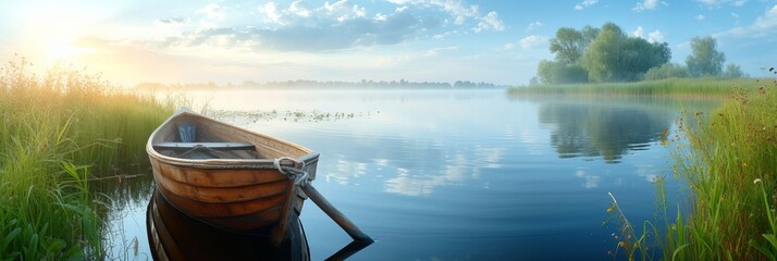 Tranquil dawn  solitary wooden boat reflecting on peaceful lake with serene nature landscape