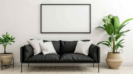 Frame mockup in living room with black sofa. 3d rendering.