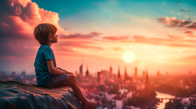 a child dreaming against the sunset sky