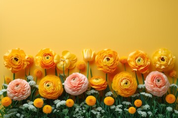 A collection of vibrant flowers scattered across the grassy field. Colorful floral card template background. 