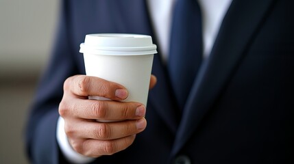 Close up of a businessman s hand holding an empty coffee to go paper cup with a coffee shop logo