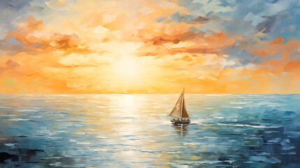 Impressionist seascape painting with boat and sun rays on canvas texture. Colorful abstract modern art for background. - obrazy, fototapety, plakaty