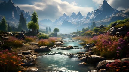 Fantasy landscape with mountain river and colorful flowers. Digital painting.