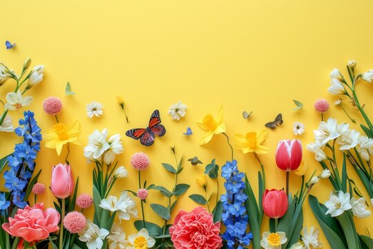 Colorful floral border template background. A vibrant bunch of flowers showcases their colors while a butterfly perches delicately on a bright yellow background.