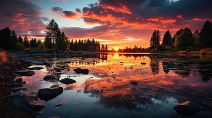 Panoramic sunrise over the lake - obrazy, fototapety, plakaty