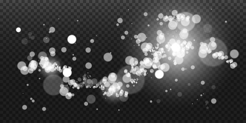 Bokeh, dust sparks and white stars glow with special light. Vector sparks on black background. Christmas light effect. Sparkling magic dust particles.	
