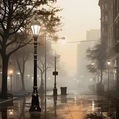 Fotobehang street lamp in the foggy morning in the city of Madrid, Spain © Michelle