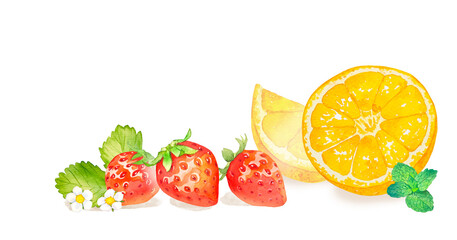水彩で描いたカラフルなフルーツのイラスト,オレンジ,イチゴ,ジューシーでおいしそうな