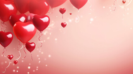 Festive romantic valentine background with bright red heart shaped balloons on blurred background