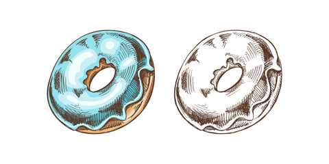 Hand-drawn colored and monochrome sketches of donut. Vintage illustration. Pastry sweets, dessert. Element for the design of labels, packaging and postcards.