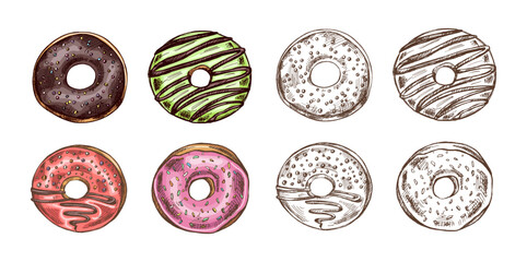 A hand-drawn colored and monochrome sketches of donuts. Top view. Vintage illustration.  Pastry sweets, dessert. Element for the design of labels, packaging and postcards.