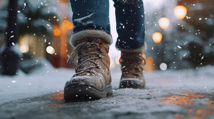 Close-up photo of winter boots on a snowy sidewalk - obrazy, fototapety, plakaty