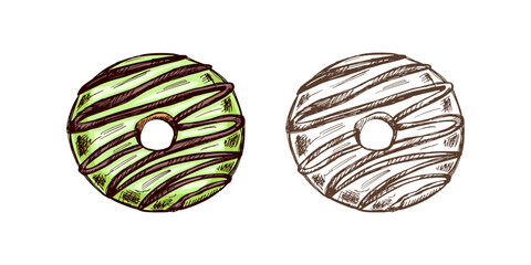 Hand-drawn colored and monochrome sketches of donut. Vintage illustration. Pastry sweets, dessert. Element for the design of labels, packaging and postcards.
