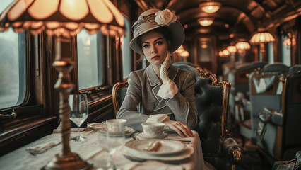 An elegant woman in the Orient Express train restaurant