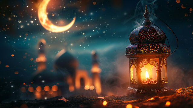 Vintage lamp in the night, Eid Mubarak celebration concept