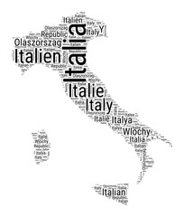 Black and white word cloud in Italy shape. Simple typography style country illustration. Plain Italy black text cloud on white background. Vector illustration.