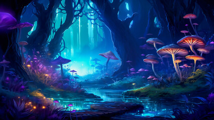 An enchanted forest in the night, with luminescent plants and mushrooms