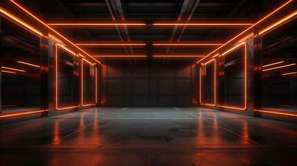 Futuristic dark room in with beautiful red Lighting. Sci-Fi neon glowing lamps in a dark hall.