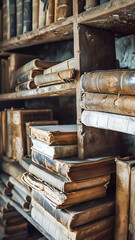 Old or damaged books shelf in an old library