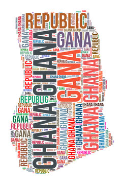 Ghana country shape word cloud. Typography style country illustration. Ghana image in text cloud style. Vector illustration.