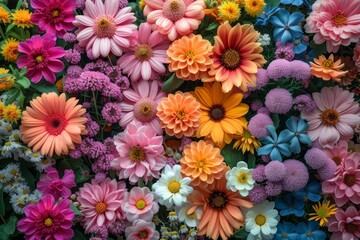 A cluster of various colored flowers, showcasing a delightful blend of hues and types. Colorful floral card wallpaper background. 