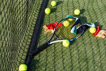 Tennis racket and ball on training court, sunny day