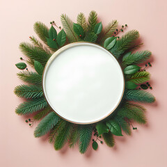 Fototapeta na wymiar round frame with green christmas tree branch around and empty white center isolated on pastel pink background