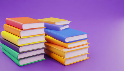 3d render of colorful books collection on purple background
