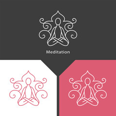 Man in lotus position. Linear logo. Sign of a meditating person. Vintage contour monogram. Art emblem for yoga center, health club, brand name, boutique, cafe, care cosmetics. Vector illustration