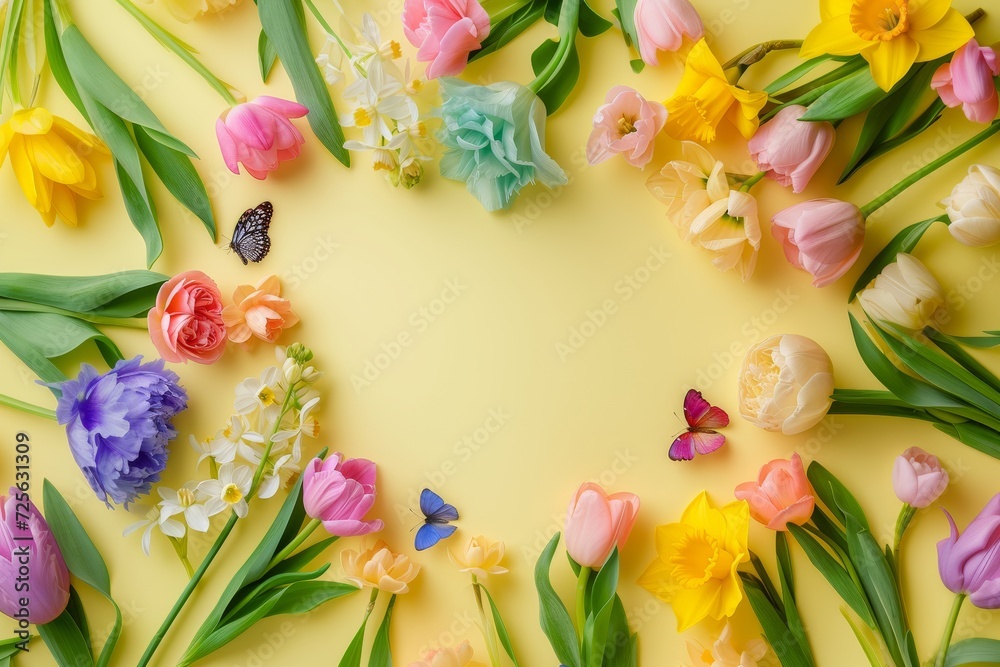 Poster A variety of vibrant flowers arranged neatly on a table, creating a colorful display.