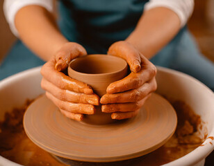 Fototapeta na wymiar Clay crafting. Woman making bowl on potter's wheel, closeup