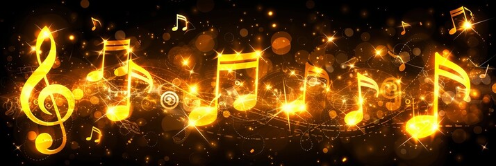 Obraz premium Melodic notes and signs on dark abstract background creating captivating musical banner.