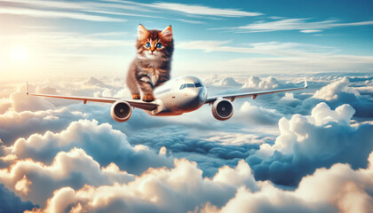 GIant cat sitting on a flying airplane over the clouds